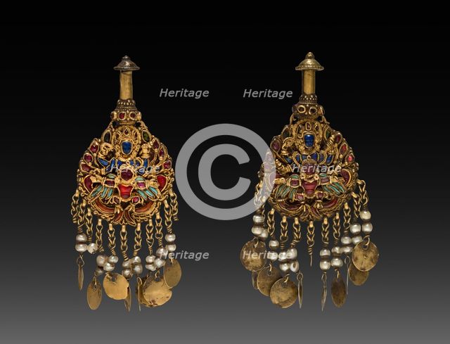 Pair of Earrings with Vishnu Riding Garuda, 1600s or 1700s. Creator: Unknown.