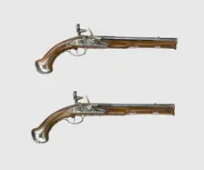Pair of Flintlock Holster Pistols, Paris, about 1740. Creator: Joseph Etienne Brion