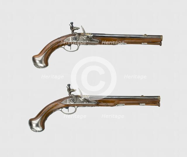 Pair of Flintlock Holster Pistols, Paris, about 1740. Creator: Joseph Etienne Brion.