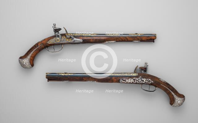 Pair of Flintlock Pistolsof Count Heinrich von Brühl (1700-1763), French, Paris, ca. 1740. Creators: Adrien Reynier, Charles Reynier.