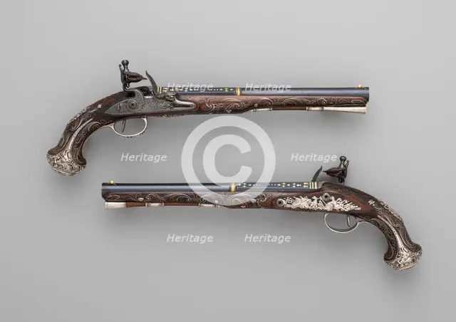 Pair of Flintlock Pistols, British, London, ca. 1765. Creator: Henry Hadley.
