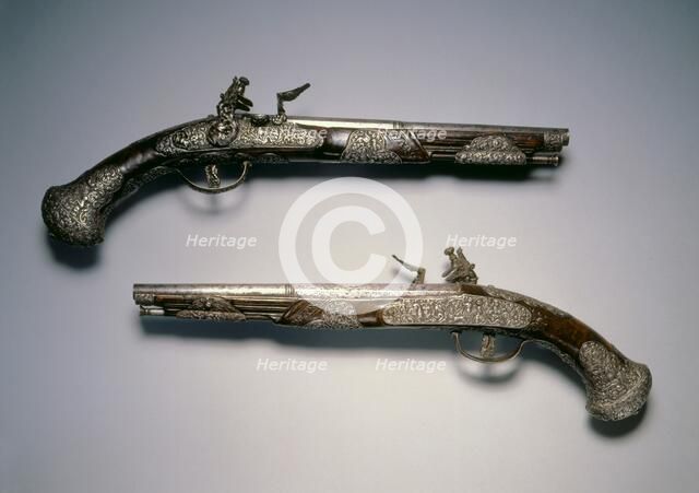 Pair of Flintlock Pistols, c. 1670. Creator: Unknown.