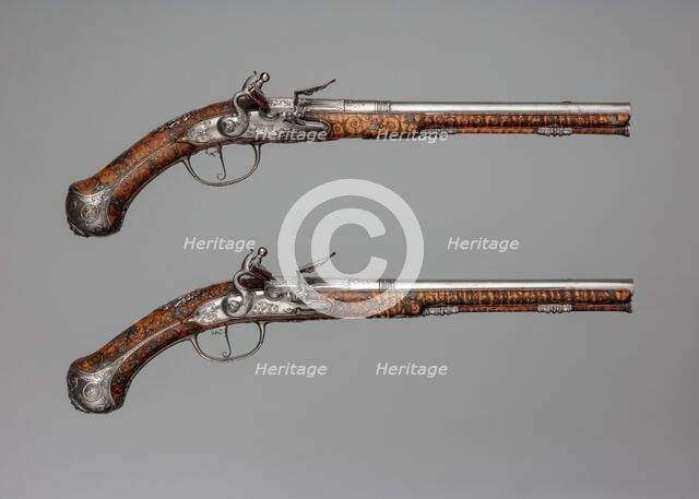 Pair of Flintlock Pistols Made for Christian Ernst, Franco-German, Erlangen-Neustadt, ca. 1686-90. Creators: Charles Froment, M Breat.