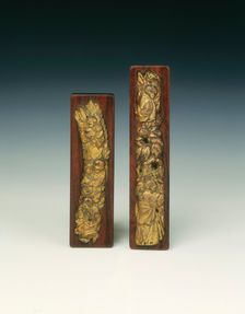 Pair of gilt pewter scroll weights, Late Ming dynasty, China, 17th century