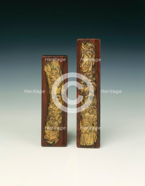 Pair of gilt pewter scroll weights, Late Ming dynasty, China, 17th century. Artist: Unknown