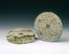 Pair of green stone discs, Neolithic, China, 3400-2250 BC. Creator: Unknown