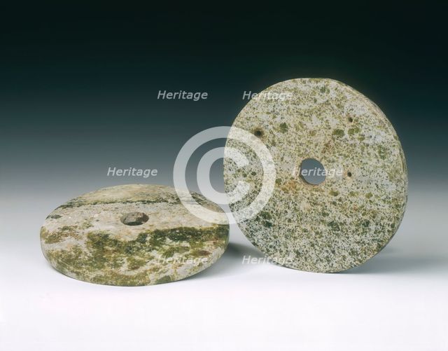 Pair of green stone discs, Neolithic, China, 3400-2250 BC. Creator: Unknown.
