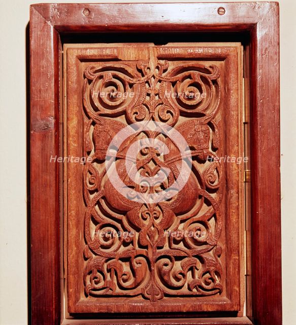 Pair of horses heads on Teak Door-Panel, Egypt, Fatimid Period, 11th century. Artist: Unknown.