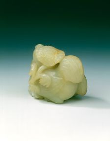 Pair of jade chickens with floral sprays in their mouths, early Ming dynasty, China, 1368-1499. Creator: Unknown