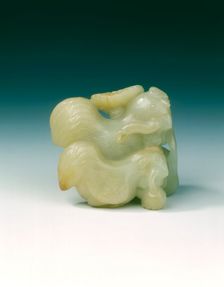 Pair of jade chickens with floral sprays in their mouths, early Ming dynasty, China, 1368-1499. Creator: Unknown