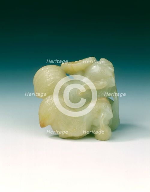 Pair of jade chickens with floral sprays in their mouths, early Ming dynasty, China, 1368-1499. Creator: Unknown.