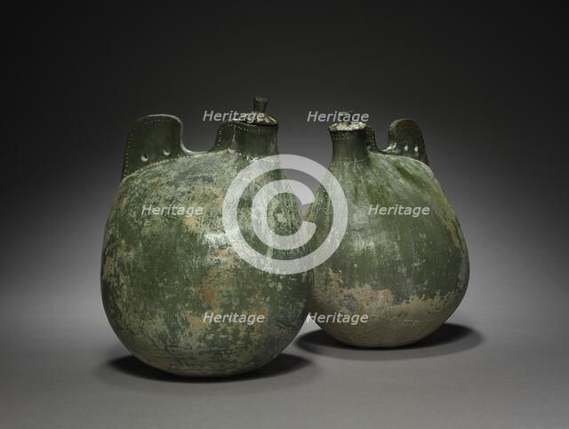 Pair of Leather Bag-Shaped Flasks with Covers, 916-1125. Creator: Unknown.
