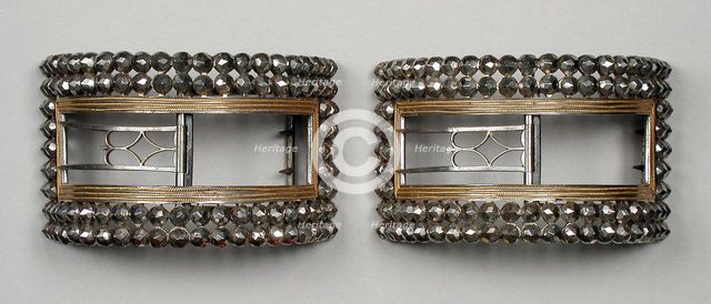 Pair of man’s steel and gilt wire shoe buckles, England, c.1777 and c.1785. Creator: Unknown.