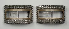 Pair of man’s steel and gilt wire shoe buckles, England, c.1777 and c.1785. Creator: Unknown