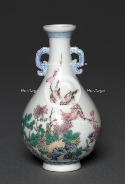 Pair of Miniature Vases with Birds and Chrysanthemums, 1736-1795. Creator: Unknown.