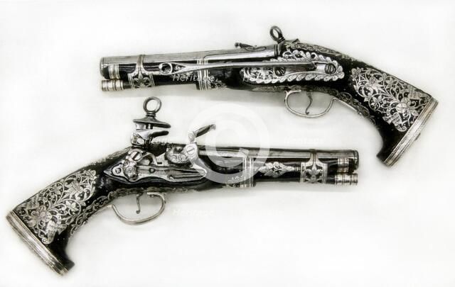 Pair of Miquelet Pistols, Colonial Spanish, probably Mexico, dated 1757. Creator: Francisco Pintan.