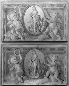 Pair of overdoors with Diana or a Nymph in an oval medallion supported by amorini, 1770-90. Creator: French Painter , 18th century