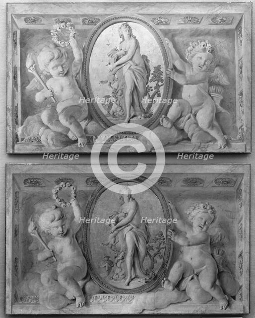 Pair of overdoors with Diana or a Nymph in an oval medallion supported by amorini, 1770-90. Creator: French Painter , 18th century .