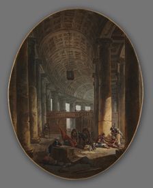 Pair of Paintings: The Colonnade of St. Peter's, Rome, during the Conclave and The Grotto..., c.1769 Creator: Hubert Robert (French, 1733-1808)