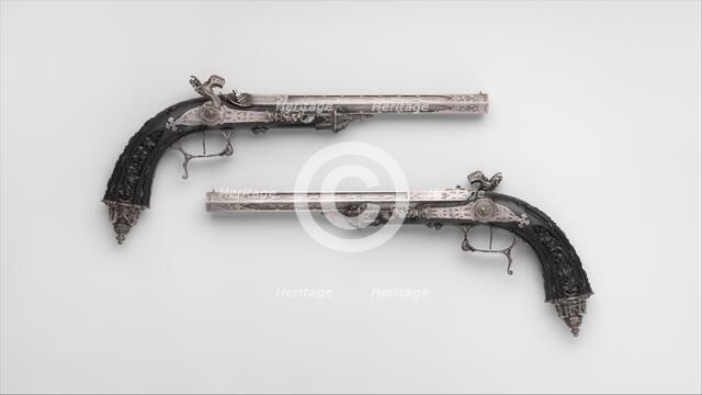 Pair of Percussion Target Pistols for 1844 Exposition des Produits de l'Industrie in Paris, French,  Creators: Alfred Gauvain, Michel Lienard, Léopold Bernard.