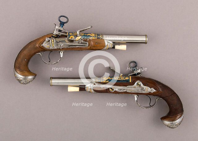 Pair of Pistols with Flintlocks a Las Tres Modas, Spanish, Eibar, late 18th century. Creator: Workshop of the Ybarzabel family.