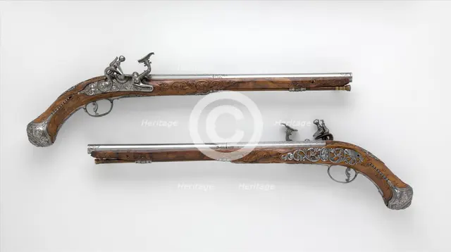 Pair of Pistols with Flintlocks alla Fiorentina, Italian, Pistoia, ca. 1750-75. Creator: Cristiano Leoni.