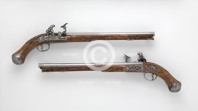Pair of Pistols with Flintlocks alla Fiorentina, Italian, Pistoia, ca. 1750-75. Creator: Cristiano Leoni.