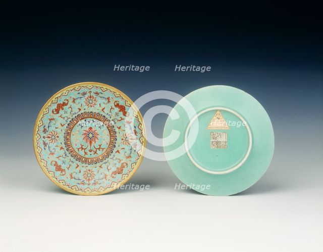 Pair of porcelain saucers imitating cloisonne, Qing dynasty, Guangxu period, China, 1875-1908. Creator: Unknown.