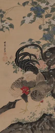 Pair of rooster and hen next to a rock, 1800. Creator: Jakuchu; Ito (1716-1800)