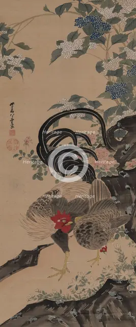 Pair of rooster and hen next to a rock, 1800. Creator: Jakuchu; Ito (1716-1800).
