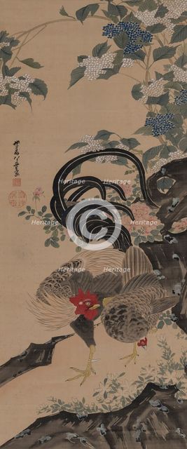 Pair of rooster and hen next to a rock, 1800. Creator: Jakuchu; Ito (1716-1800).