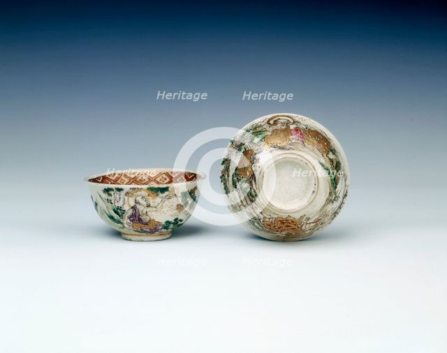 Pair of Satsuma bowls with luohans in landscape, Japan, early 20th century. Artist: Unknown