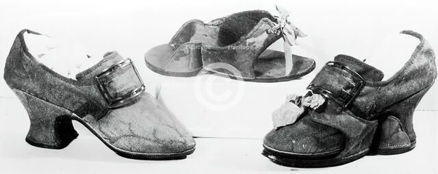Pair of Shoes with Buckles and Pattens (Overshoes), England, c.1760s. Creator: Unknown.