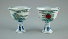 Pair of Stem Cups with Sun amid Clouds and Stylized Characters for Long Life (Shou), Qing dynasty. Creator: Unknown
