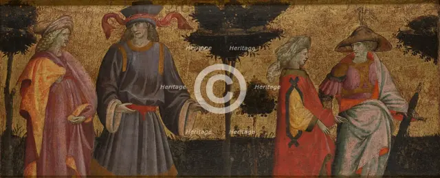 Pairs of Famous Lovers: Paris and Helen [?] and Tristan and Iseult-Front Panel of Cassone, c1430. Creator: Giovanni dal Ponte.