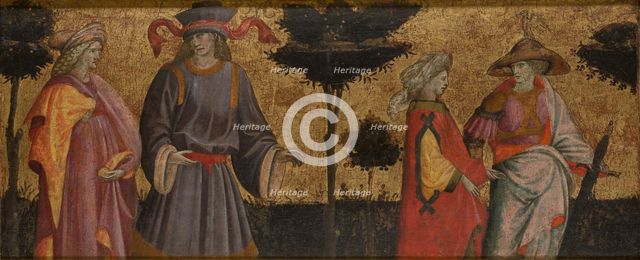 Pairs of Famous Lovers: Paris and Helen [?] and Tristan and Iseult-Front Panel of Cassone, c1430. Creator: Giovanni dal Ponte.
