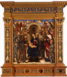 Pala Oliva. Madonna and Child enthroned between Saints George, Francis of Assisi…, 1489. Creator: Santi, Giovanni (ca 1435-1494)