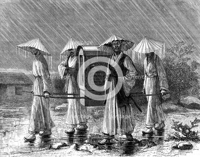 Palanquin bearers in rain costume, Korea, 19th century.Artist: Mario Azzopardi