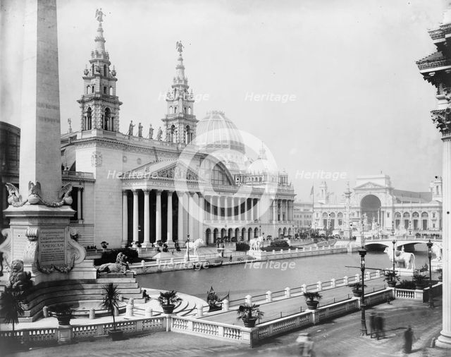 Palace of Mechanic Arts and lagoon at the World's Columbian Exposition, Chicago, Illinois, 1892. Creator: Frances Benjamin Johnston.