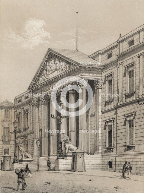 Palace of the Congress of Deputies in Madrid, opened in 1850 by Queen Isabella II, 1870 engraving.