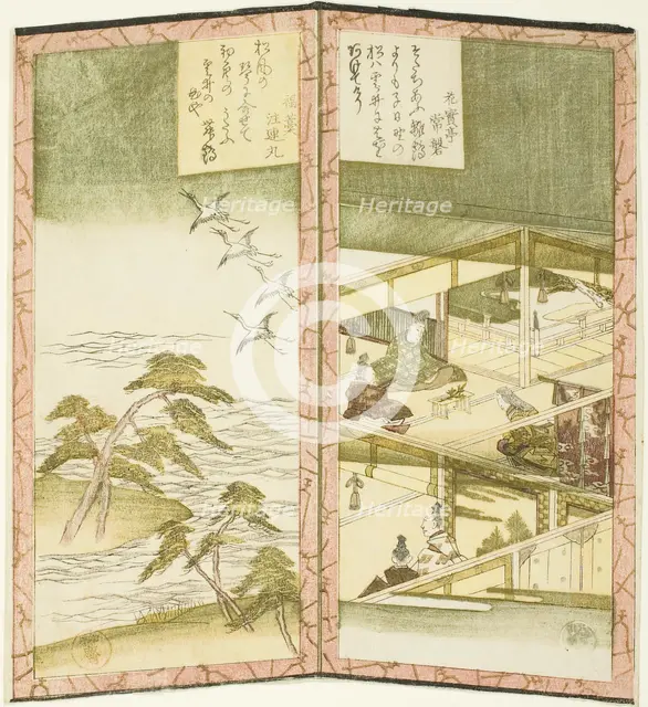 Palace interior and beach, from an untitled hexaptych depicting a pair of folding screens, c. 1825. Creator: Shinsai.