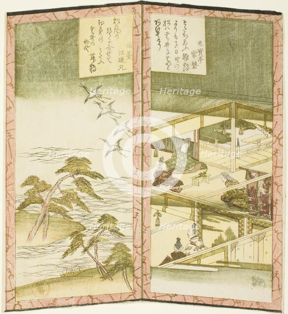 Palace interior and beach, from an untitled hexaptych depicting a pair of folding screens, c. 1825. Creator: Shinsai.