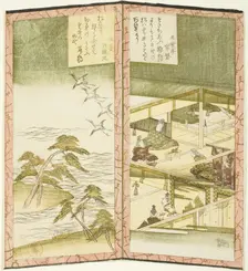 Palace interior and beach, from an untitled hexaptych depicting a pair of folding screens, c. 1825. Creator: Shinsai