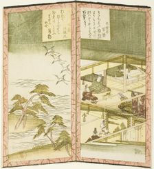 Palace interior and beach, from an untitled hexaptych depicting a pair of folding screens, c. 1825. Creator: Shinsai