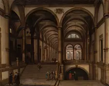 Palace with a gallery and spacious Greco-Roman style staircase, 1855. Creator: Pablo Gonzalvo Pérez
