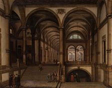 Palace with a gallery and spacious Greco-Roman style staircase, 1855. Creator: Pablo Gonzalvo Pérez