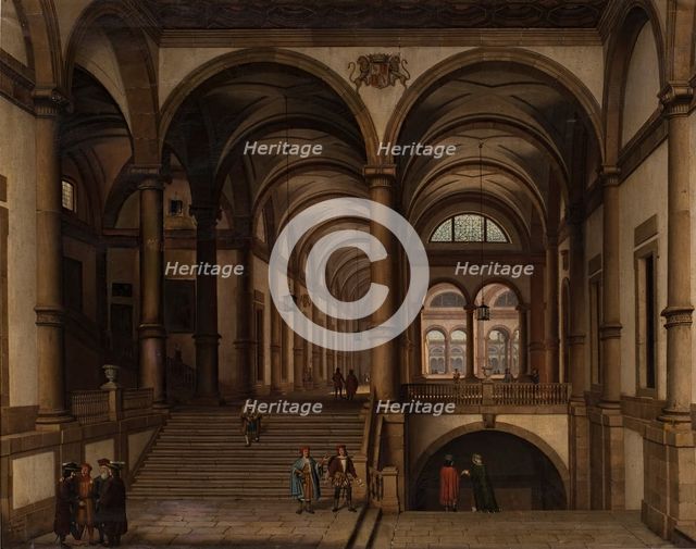 Palace with a gallery and spacious Greco-Roman style staircase, 1855. Creator: Pablo Gonzalvo Pérez.