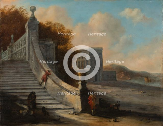 Palace with Outdoor Stairs at the Sea, (1640-1660?). Creator: Follower of Johann Wilhelm Baur?.