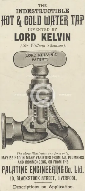 Palatine Engineering Indestructible hot and cold water tap, 1893. Artist: Unknown