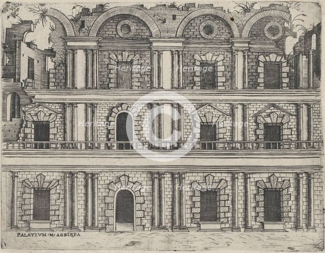 Palatium M. Agrippa, from a Series of 24 Depicting (Reconstructed) Buildings ..., Plate ca. 1530-50. Creator: Anon.